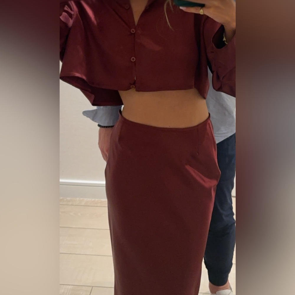 Burgundy silk maxi skirt and long sleeve set